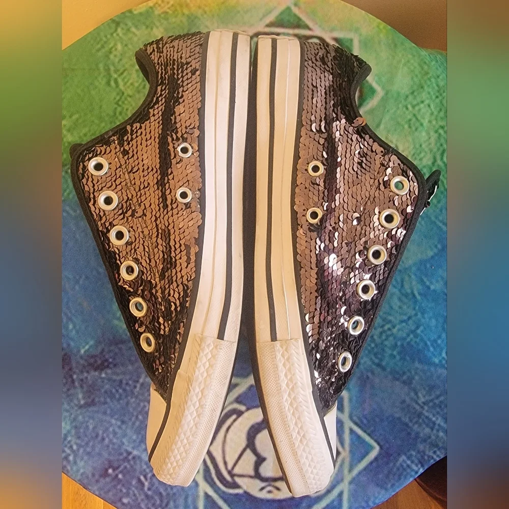 Converse All Star Black and Rose Gold Sequin Slip-On Sneakers - Picture 2 of 7